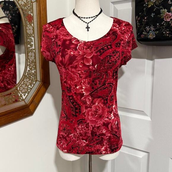 VTG Y2K Susan Lawrence Red & Black Floral Paisley Romantic Slinky Vampy Top S - Picture 3 of 8